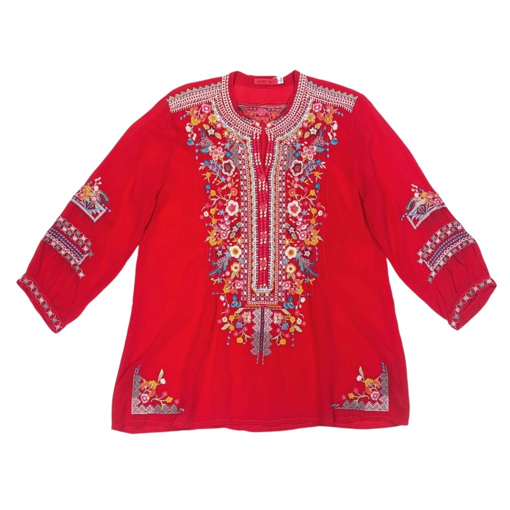 Johnny Was Bethanie Tunic Red Embroidered Size Medium Boho Floral Sheer
